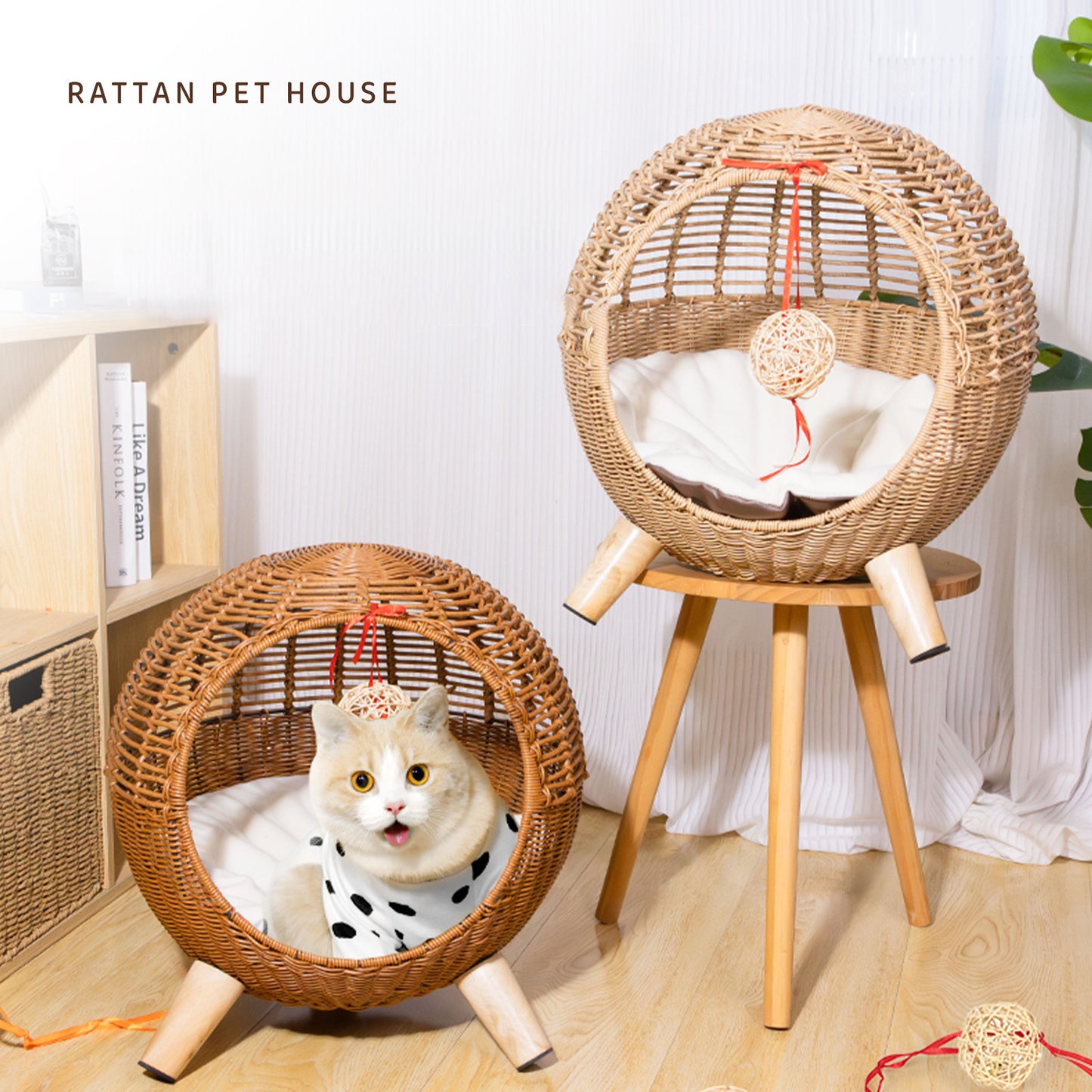 Breathable Rattan Woven Round Cat Bed PE Rattan Cat Climbing Frame Sleep Game Warm Pet Litter Cat Villa