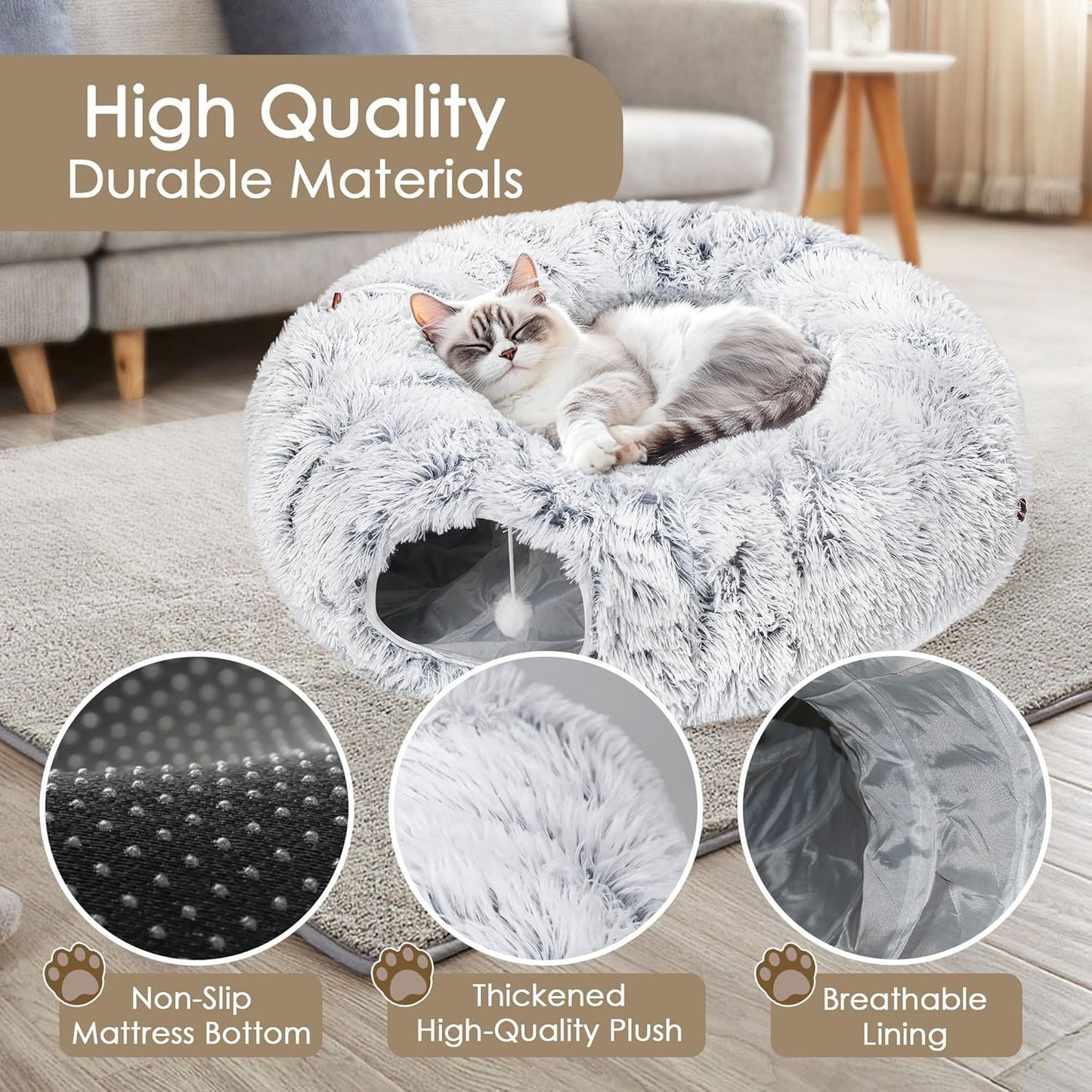 Cat Tunnel Bed For Indoor Cats Peekaboo Cat Cave With Washable Soft Play Mat Furry Cat Tube For Kitten Puppy Rabbit Grey