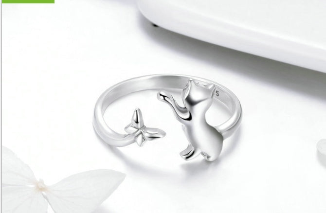 Wish Hot Sale Ring S925 Silver Sterling Silver Ladies Cute Cat Korean Fashion Earrings Ring Jewelry Set