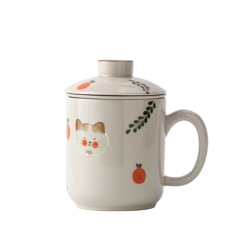 Hand Painted Cat Tea Water Separation Ceramic Cup