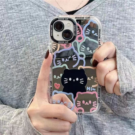 Linear Cat Pattern Cosmetic Mirror Phone Case