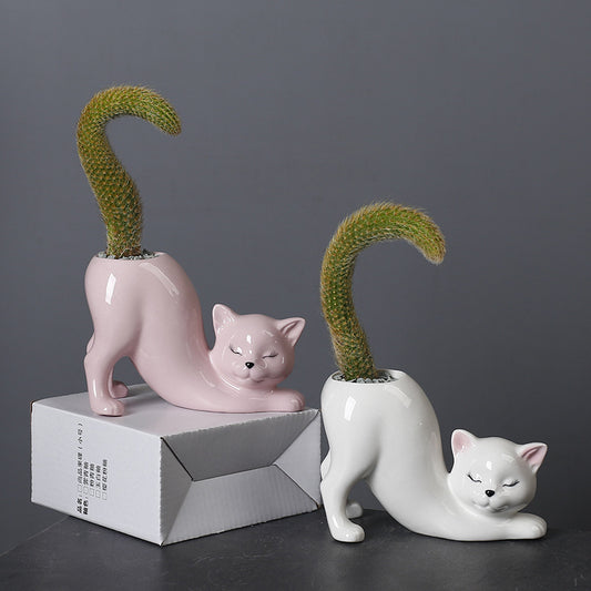 Creative Cute Cat Tail Column Flowerpot Ceramic