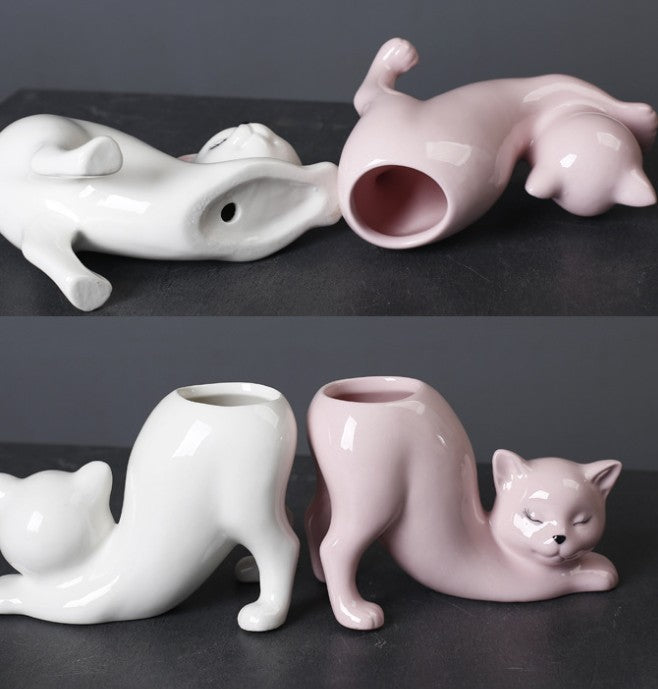 Creative Cute Cat Tail Column Flowerpot Ceramic