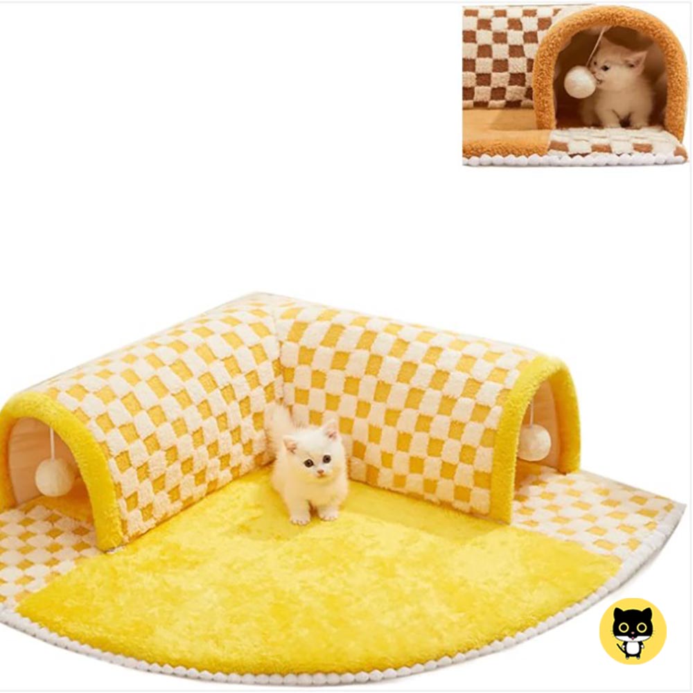 Funny Plush Plaid Cat Tunnel Cat Bed Cat Tunnel Bed With Central Mat Plush Plaid Tunnel Cat Bed Zipper Cat Tunnel For Indoor Cats